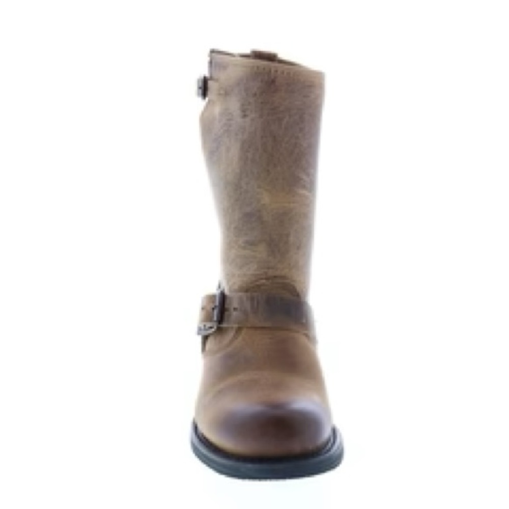 WOMEN’S FRYE 77400 MOTO ENGINEER BOOTS, BROWN LEATHER, SIZE 8
